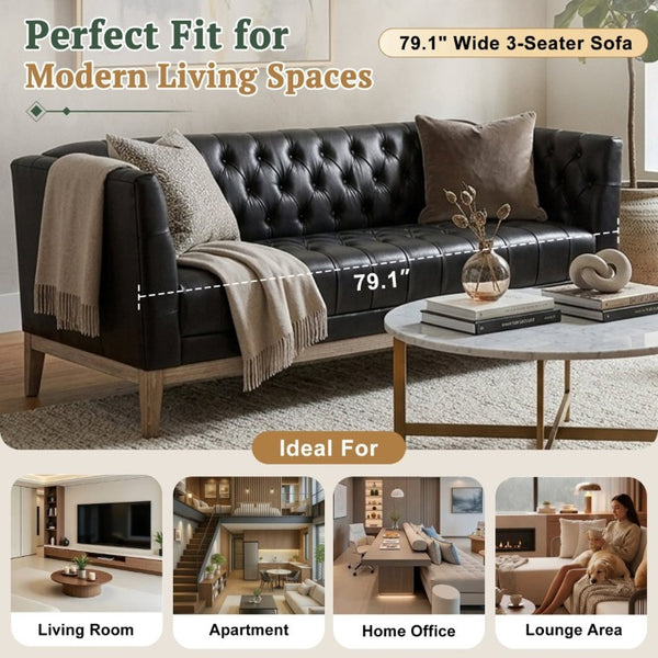 English Elm U-Style Chesterfield Sofa Button Tufted PU Leather Pine Frame Mid-Century 3 Seat Black N711P520275B
