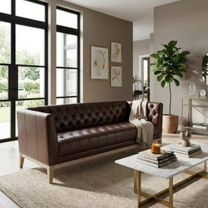 English Elm U-Style Chesterfield Sofa Button Tufted PU Leather Pine Frame Mid-Century 3 Seat Brown N711P520275D