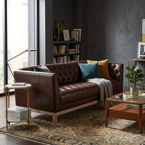 English Elm U-Style Chesterfield Sofa Button Tufted PU Leather Pine Frame Mid-Century 3 Seat Brown N711P520275D