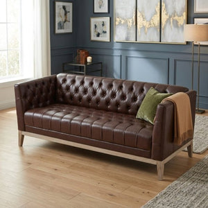 English Elm U-Style Chesterfield Sofa Button Tufted PU Leather Pine Frame Mid-Century 3 Seat Brown N711P520275D
