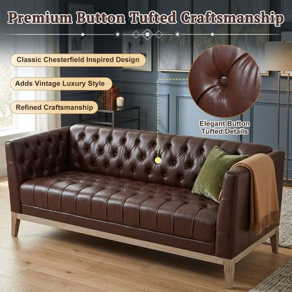 English Elm U-Style Chesterfield Sofa Button Tufted PU Leather Pine Frame Mid-Century 3 Seat Brown N711P520275D