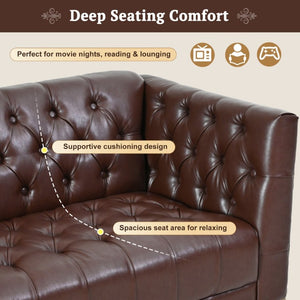 English Elm U-Style Chesterfield Sofa Button Tufted PU Leather Pine Frame Mid-Century 3 Seat Brown N711P520275D
