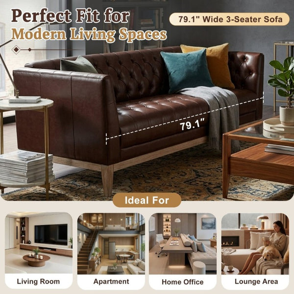 English Elm U-Style Chesterfield Sofa Button Tufted PU Leather Pine Frame Mid-Century 3 Seat Brown N711P520275D