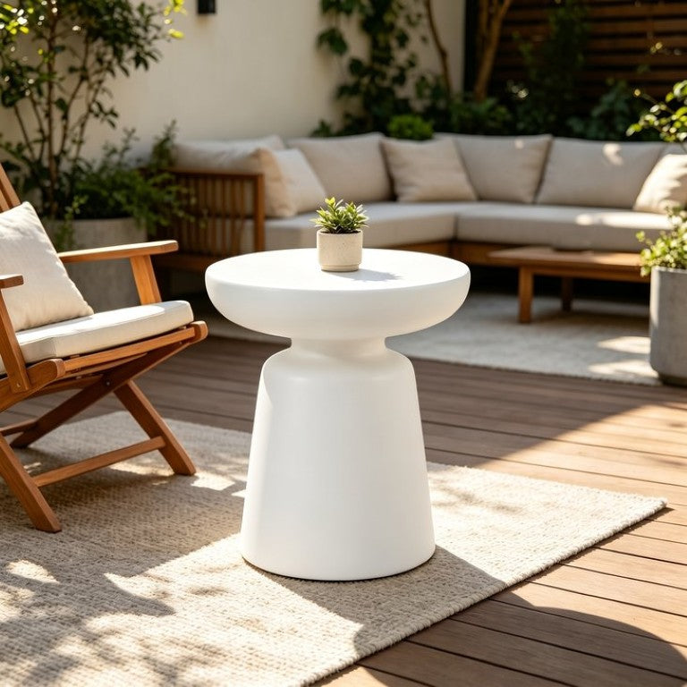 English Elm U_style Outdoor Round Concrete Look MGO Side Table for Patio Balcony or Poolside Decor Off White N711P541896K