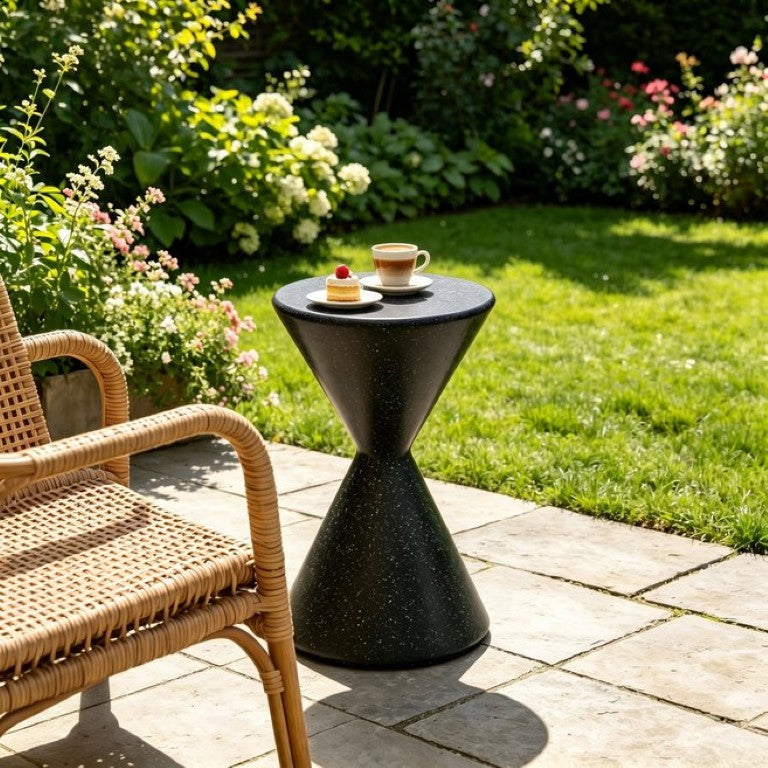 English Elm U_style Outdoor Hourglass MGO Accent Table Sculptural Patio Side Stand for Garden Black N711P541898B