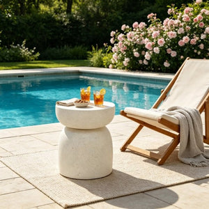 English Elm U_style Hourglass Faux Terrazzo Round Accent Table Sculptural Outdoor Patio Side Stand Beige N711P541905A