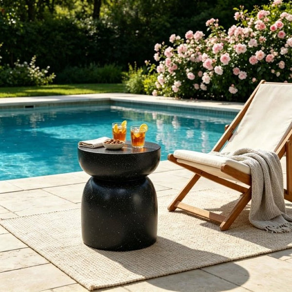 English Elm U_style Hourglass Faux Terrazzo Round Accent Table Sculptural Outdoor Patio Side Stand Black N711P541905B