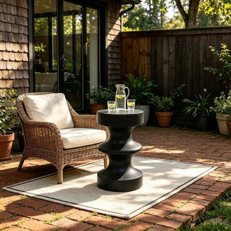 English Elm U_style Sculptural MGO Concrete Look Outdoor Side Table Lightweight Patio Accent Black N711P541915B