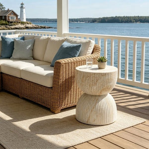 English Elm U_style Hourglass Outdoor Stool Faux Marble Ribbed MgO Patio Garden Accent Table Beige Brown N711P541930A