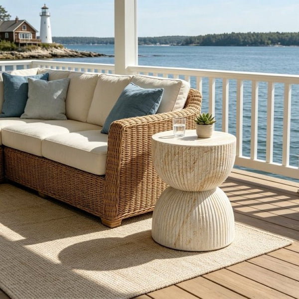 English Elm U_style Hourglass Outdoor Stool Faux Marble Ribbed MgO Patio Garden Accent Table Beige Brown N711P541930A