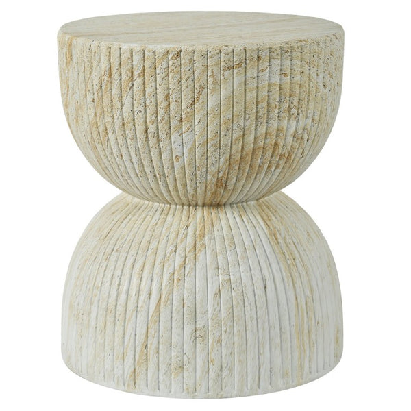 English Elm U_style Hourglass Outdoor Stool Faux Marble Ribbed MgO Patio Garden Accent Table Beige Brown N711P541930A
