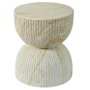 English Elm U_style Hourglass Outdoor Stool Faux Marble Ribbed MgO Patio Garden Accent Table Beige Brown N711P541930A