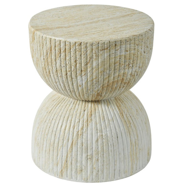 English Elm U_style Hourglass Outdoor Stool Faux Marble Ribbed MgO Patio Garden Accent Table Beige Brown N711P541930A