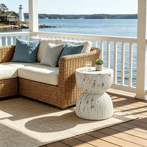 English Elm U_style Hourglass Outdoor Stool Faux Marble Ribbed MgO Patio Garden Accent Table White N711P541930K