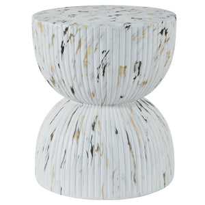 English Elm U_style Hourglass Outdoor Stool Faux Marble Ribbed MgO Patio Garden Accent Table White N711P541930K