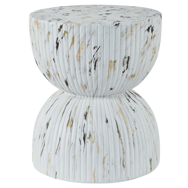 English Elm U_style Hourglass Outdoor Stool Faux Marble Ribbed MgO Patio Garden Accent Table White N711P541930K