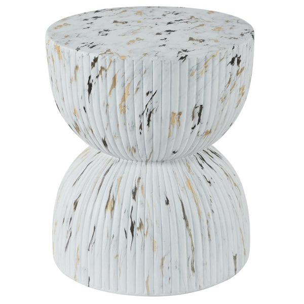 English Elm U_style Hourglass Outdoor Stool Faux Marble Ribbed MgO Patio Garden Accent Table White N711P541930K