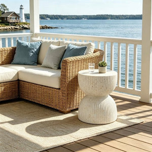 English Elm U_style Hourglass Outdoor Stool Faux Marble Ribbed MgO Patio Garden Accent Table Sand Yellow N711P541930Y
