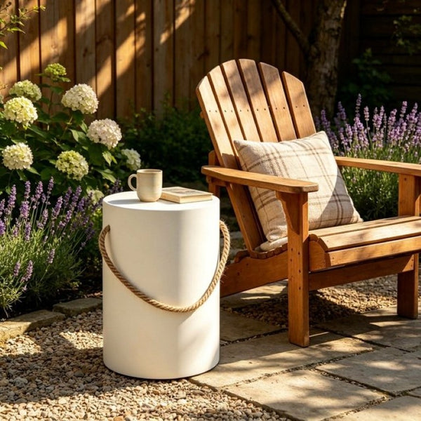 English Elm U_style Concrete Round Outdoor Side Table with Jute Rope Base for Patio or Bedroom Beige Brown N711P541934A