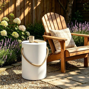 English Elm U_style Concrete Round Outdoor Side Table with Jute Rope Base for Patio or Bedroom Off White N711P541934K