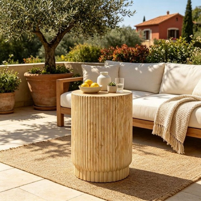 English Elm U_style Fluted Concrete Look MGO Round Side Table Indoor Outdoor Patio Pedestal Brown N711P541937M