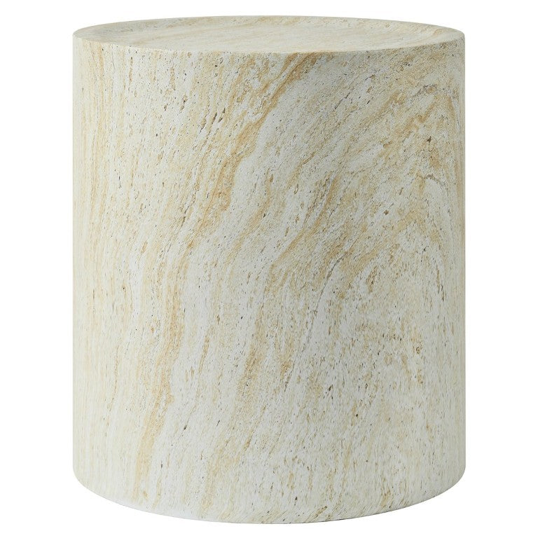 English Elm U_style Magnesium Oxide Round Accent Table Faux Marble Cylindrical Design for Any Room Beige Brown N711P541942A