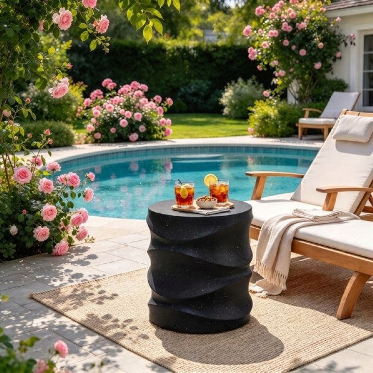 English Elm U_style Sculptural MGO Outdoor Side Table with Stone Textured Finish for Patio or Living Black N711P541949B