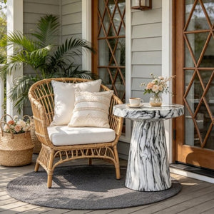 English Elm U_style Round Magnesium Oxide Accent Table Stone Textured Finish for Patio or Living Room White Marble N711P541951D