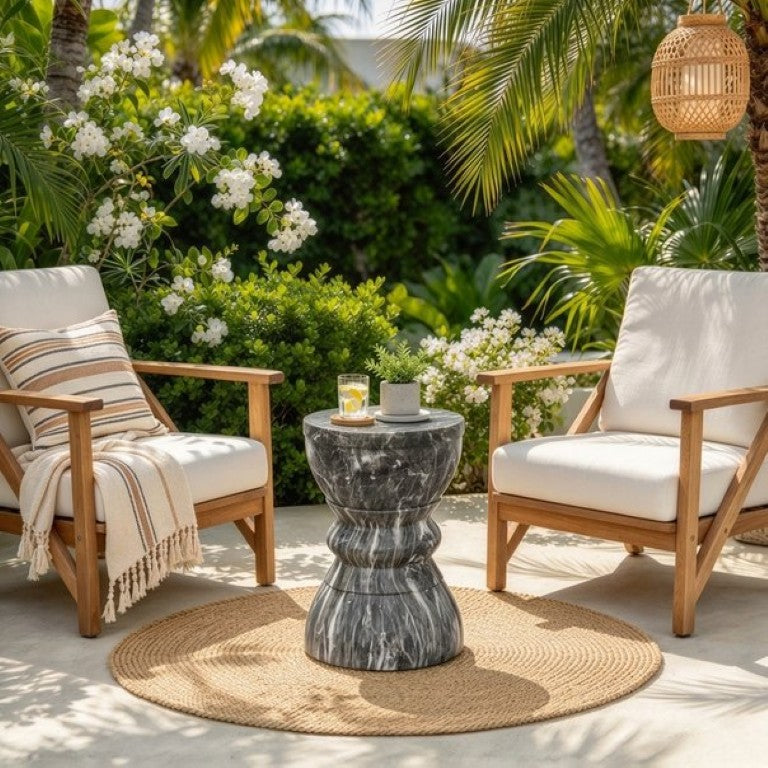 English Elm U_style Outdoor MGO Side Table Sculptural Hourglass Form with Faux Marble Finish Dark Brown N711P541952R
