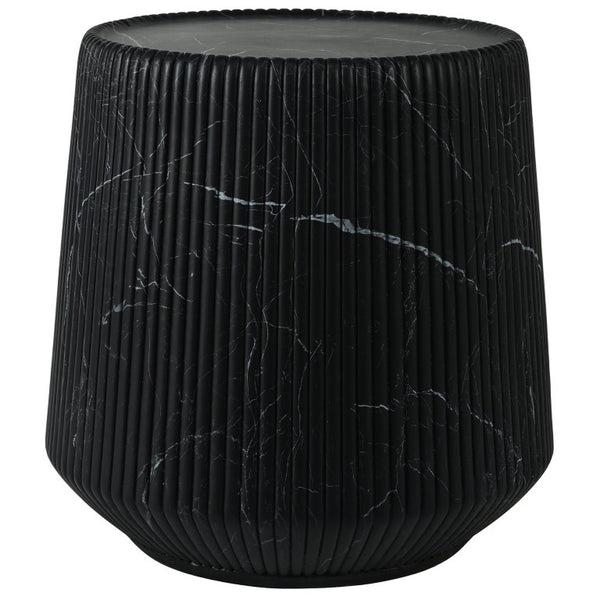 English Elm U_style Fluted Cylindrical MGO Side Table with Stone Veining for Living Room or Bedroom Black, White Marble N711P541954B