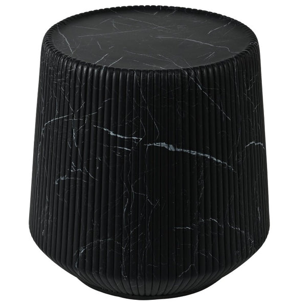 English Elm U_style Fluted Cylindrical MGO Side Table with Stone Veining for Living Room or Bedroom Black, White Marble N711P541954B
