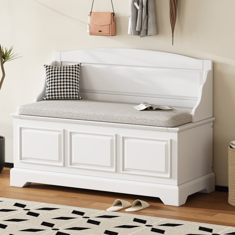 English Elm Trexm Retro Storage Bench with Soft Close Lid Carved Panels Linen Cushion Entryway White N715P198568K