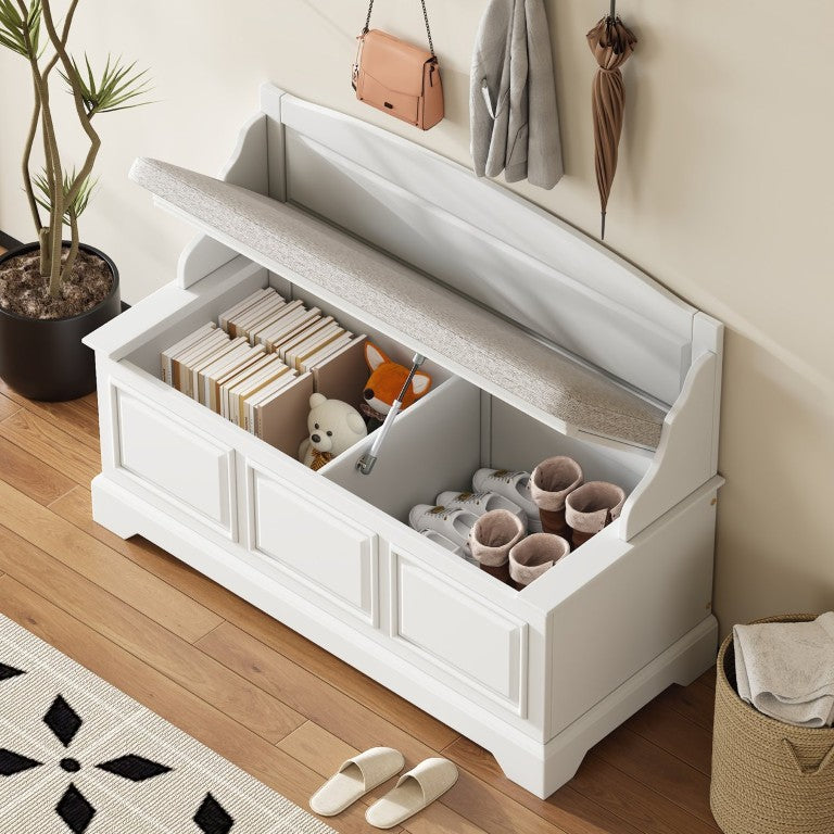English Elm Trexm Retro Storage Bench with Soft Close Lid Carved Panels Linen Cushion Entryway White N715P198568K