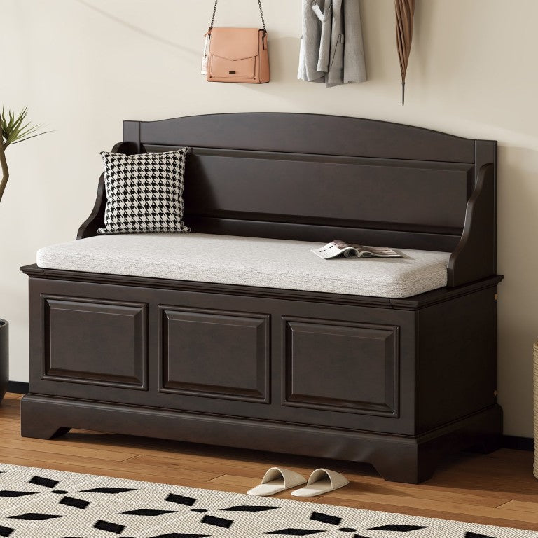 English Elm Trexm Retro Entryway Storage Bench with Linen Cushion Lift Top MDF Espresso Finish N715P198568L