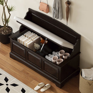 English Elm Trexm Retro Entryway Storage Bench with Linen Cushion Lift Top MDF Espresso Finish N715P198568L