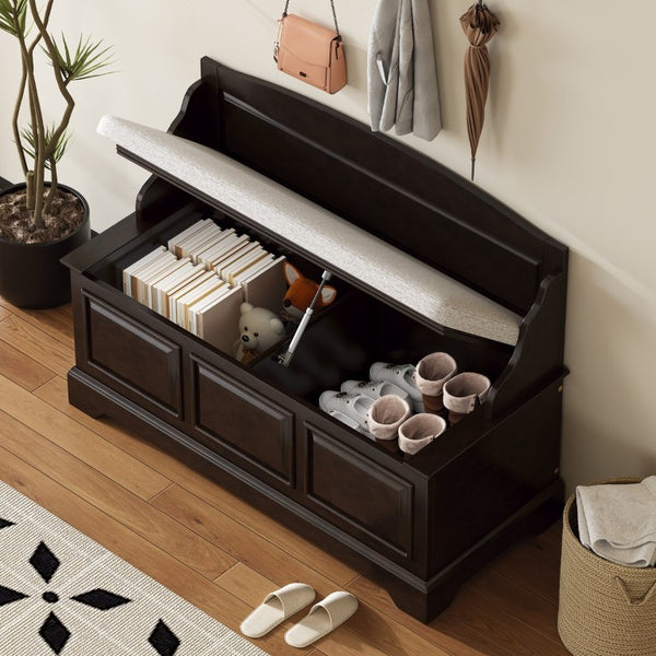 English Elm Trexm Retro Entryway Storage Bench with Linen Cushion Lift Top MDF Espresso Finish N715P198568L
