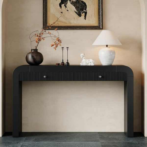 English Elm Trexm Fluted Drawer Acacia Veneer Console Table Rustic Entryway Sofa Hallway Accent Black N715P266077B