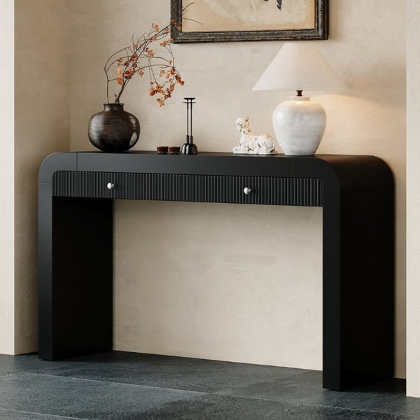 English Elm Trexm Fluted Drawer Acacia Veneer Console Table Rustic Entryway Sofa Hallway Accent Black N715P266077B