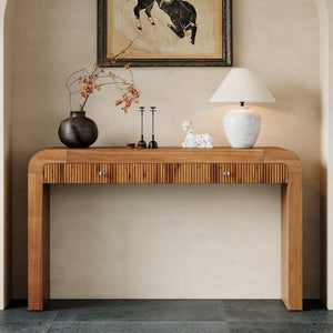 English Elm Trexm Fluted Drawer Acacia Veneer Console Table Rustic Entryway Sofa Hallway Accent Brown N715P266077D