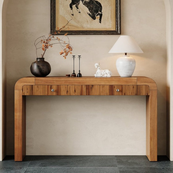 English Elm Trexm Fluted Drawer Acacia Veneer Console Table Rustic Entryway Sofa Hallway Accent Brown N715P266077D