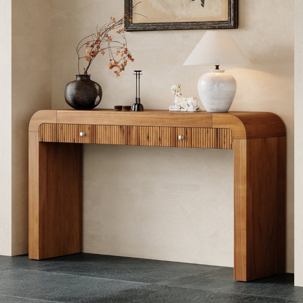 English Elm Trexm Fluted Drawer Acacia Veneer Console Table Rustic Entryway Sofa Hallway Accent Brown N715P266077D