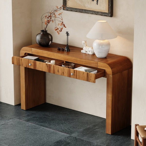 English Elm Trexm Fluted Drawer Acacia Veneer Console Table Rustic Entryway Sofa Hallway Accent Brown N715P266077D