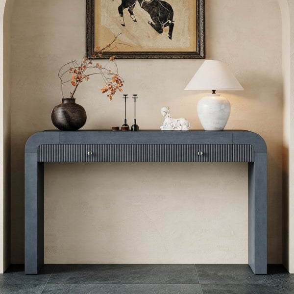 English Elm Trexm Fluted Drawer Acacia Veneer Console Table Rustic Entryway Sofa Hallway Accent Dark Navy N715P266077M