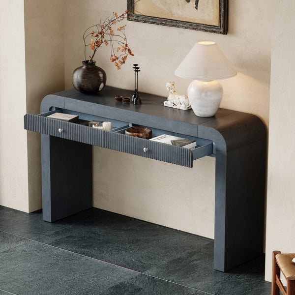 English Elm Trexm Fluted Drawer Acacia Veneer Console Table Rustic Entryway Sofa Hallway Accent Dark Navy N715P266077M