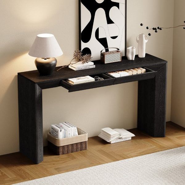 English Elm Trexm 60 Inch Farmhouse Console Table Waterfall Edge Ash Veneer Hidden Drawers Entryway Black N715P289696B