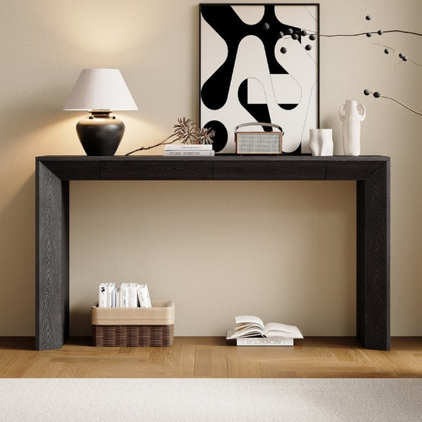 English Elm Trexm 60 Inch Farmhouse Console Table Waterfall Edge Ash Veneer Hidden Drawers Entryway Black N715P289696B