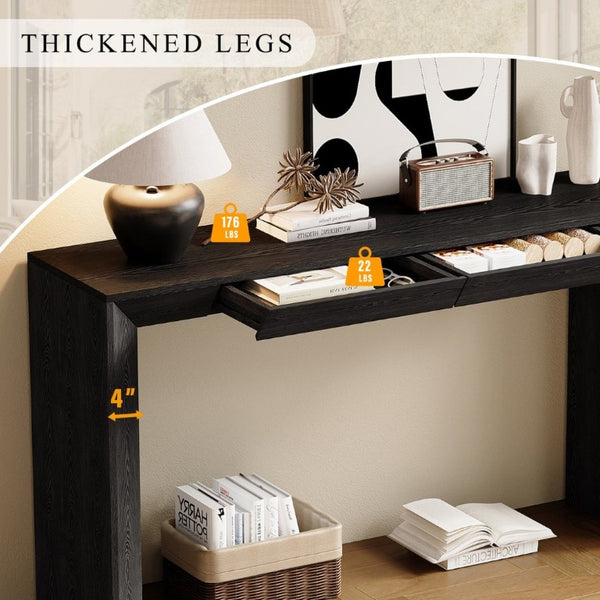 English Elm Trexm 60 Inch Farmhouse Console Table Waterfall Edge Ash Veneer Hidden Drawers Entryway Black N715P289696B