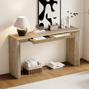 English Elm Trexm 60 Inch Farmhouse Console Table Waterfall Edge Ash Veneer Hidden Drawers Entryway Natural N715P289696N