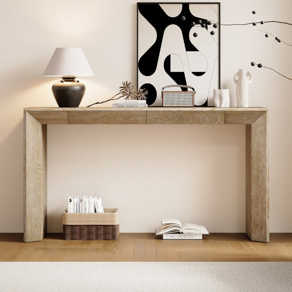 English Elm Trexm 60 Inch Farmhouse Console Table Waterfall Edge Ash Veneer Hidden Drawers Entryway Natural N715P289696N