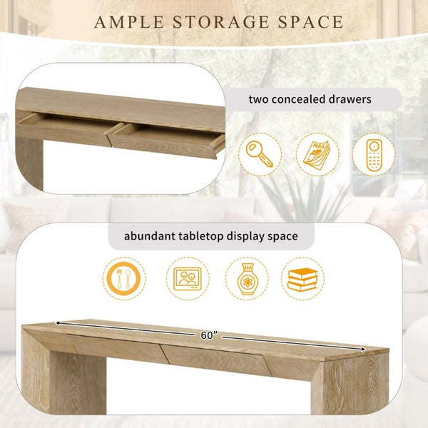 English Elm Trexm 60 Inch Farmhouse Console Table Waterfall Edge Ash Veneer Hidden Drawers Entryway Natural N715P289696N